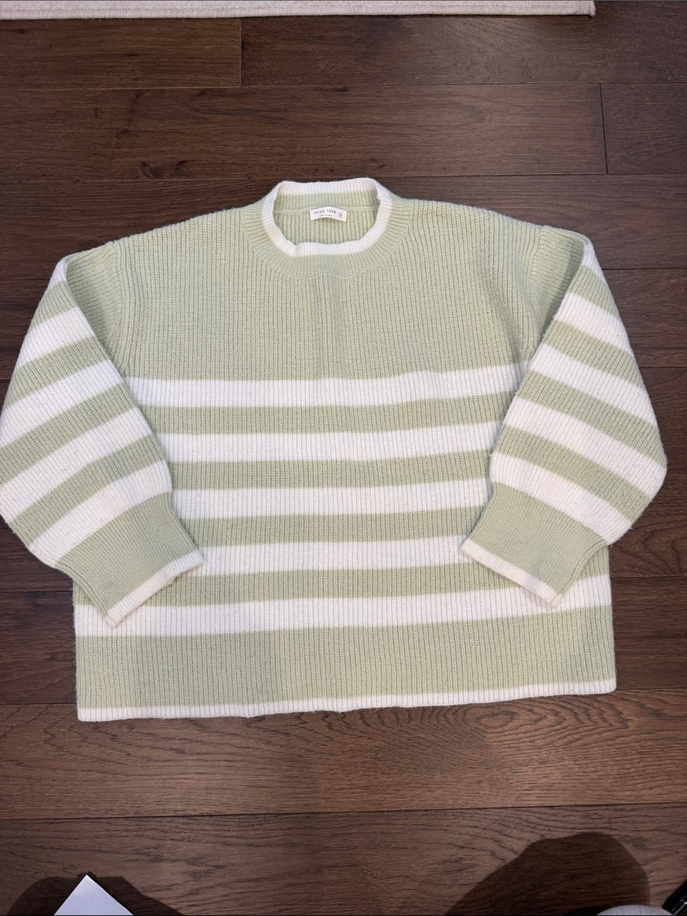 Miss Love Green & Cream Stripe Crewneck Sweater Size Medium - C76-041